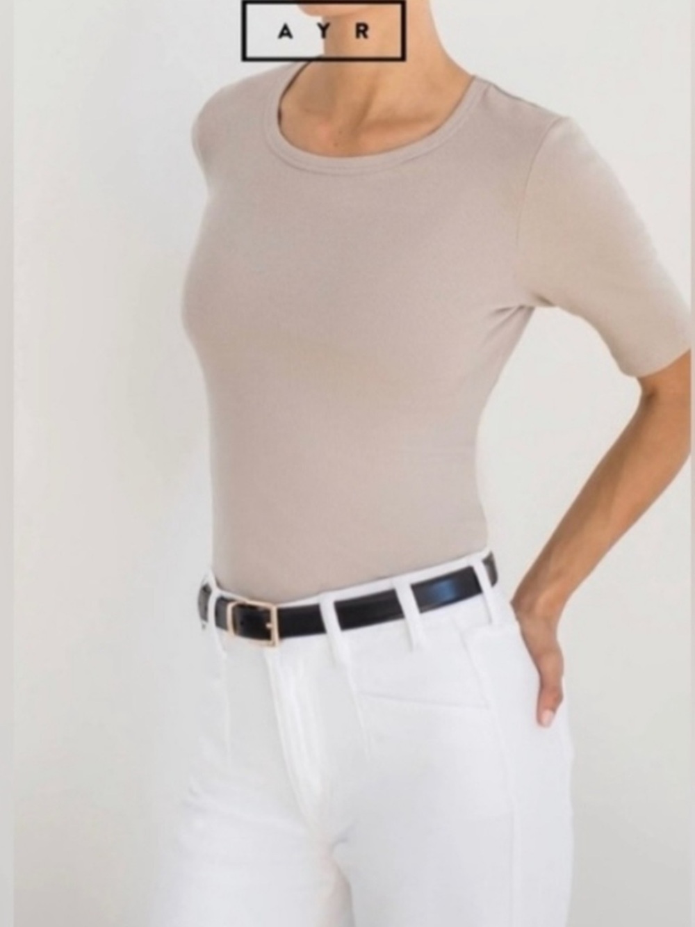AYR The Exec Pima Cotton Ribbed Short Sleeve Tan Taupe Tee Sz Small